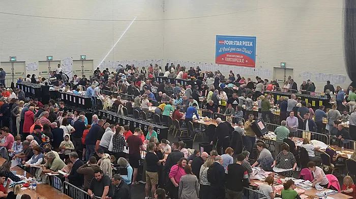 A bird's eye view of floor of Mallow GAA Complex showing the tallyfolk lined along the barriers, with a cross-party system of talling in operation for the first time ever, resulting in incredibly accurate data for election nerds.  (Photo: Martin Walsh)