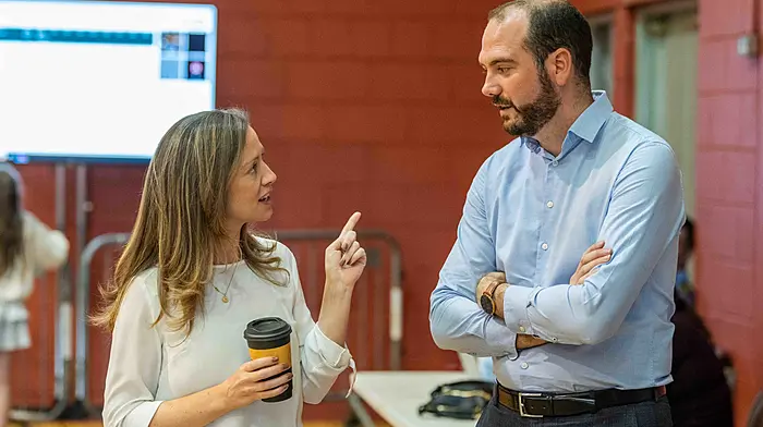 Clonakilty, West Cork, Ireland. 9th Jun, 2024. Social Democrats Leader Holly Cairns TD and Fine Gael candidate Noel O'Donovan at Clonakilty Count Centre this morning. Picture: Andy Gibson.