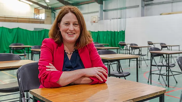 Principal of Bandon Grammar School, Niamh McShane, checking out one of the exam rooms on Tuesday afternoon ahead of the Junior and Leaving Cert exams which started on Wednesday.  (Photo: Andy Gibson)