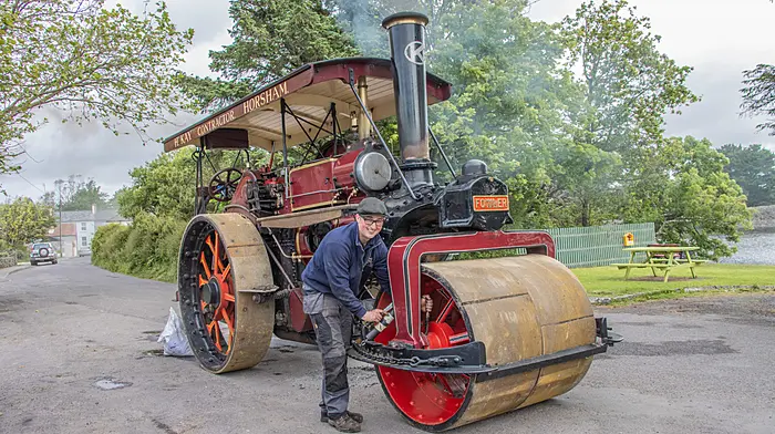 Jack Synnott greasing the 1929 Fowler road roller on day one of the Celtic Steamers run from Ballydehob to Kinsale which was held in aid of the RNLI and the the charity Rainbow Club Cork.  (Photo: Gearoid Holland)