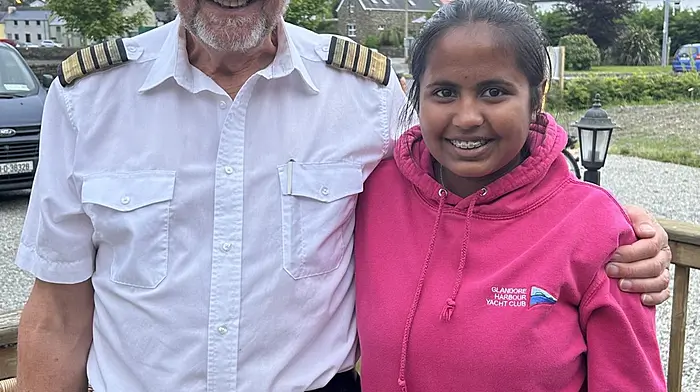 Captain Gerry Burns thanking Kara Kelleher for her fundraising efforts towards Union Hall RNLI for the month of May.  Kara donated money from the sale of her hen’s eggs for the month to the RNLI campaign.