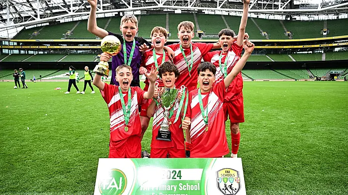 The winning Gaelscoil Cionn tSáille soccer team who won the B FAI Primary 5s in the Aviva Stadium in Dublin last week. Back (from left): Donnacha O’Sullivan, Steve Barlow, Noah Lee and Cian Duke. Front (from left): Tom O’Keeffe, Johnny Healy and Jack McCarthy.