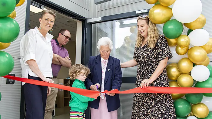 Glandore National School, Glandore, Sunday 16th June 2024Glandore National School had their new classroom officially opened today. Seen here cutting the ribbon are the youngest member of the school, Eanna Deasy and the oldest member with history from the school Mary Margaret Kelleher.Also in attendance were Principal Riona Murray, Teacher Cathy Reid and Brendan Deasy.After the ribbon cutting Mary Margaret Kelleher cut the cake with Riona Deasy.Christopher O Sullivan TD was also attended the great day with parents, staff and children from the school.Credit: Andrew Harris
