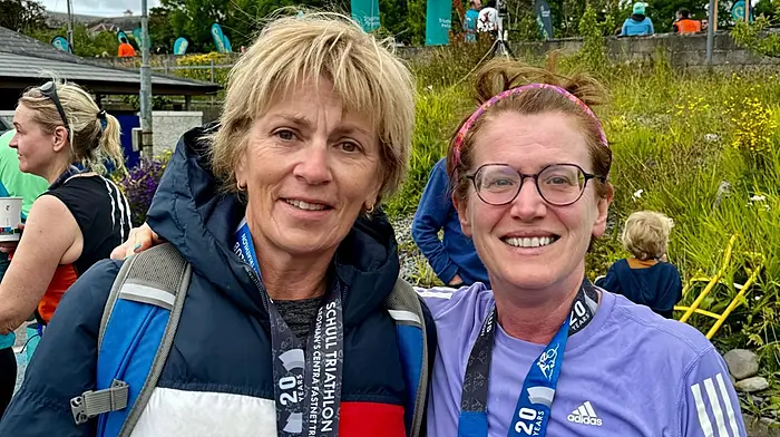 Bridget Nowlan from Dublin and Helen Coughlan from Goleen after completing the Schull triathlon on Saturday.