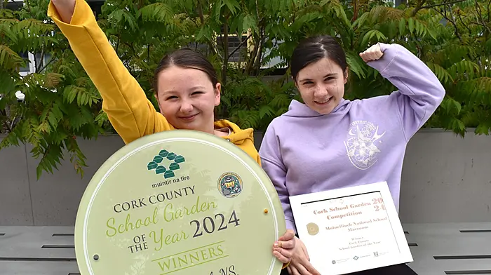 Sara O'Callaghan and Sophia Kelleher of Muinefliuch National School after their big win at the Muintir na Tire School Garden Awards.  (Photo: Michael English)