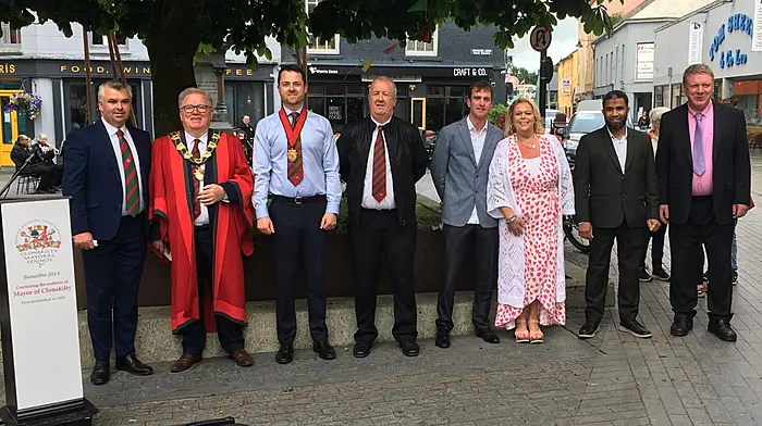 The outgoing and incoming elected members of Clonakilty mayoral council at last week’s changeover, which saw the new mayor of Clonakilty being installed. From left: outgoing members Pádraig O’Reilly, mayor Chris Hinchy, deputy mayor Michael O’Neill junior and Anthony McDermott (re-elected), Conan O'Donovan (incoming deputy mayor), Eileen Sheppard (incoming mayor) and Yousuf Janab Ali and James White. Paddy McCarthy, outgoing, was missing from the photo.