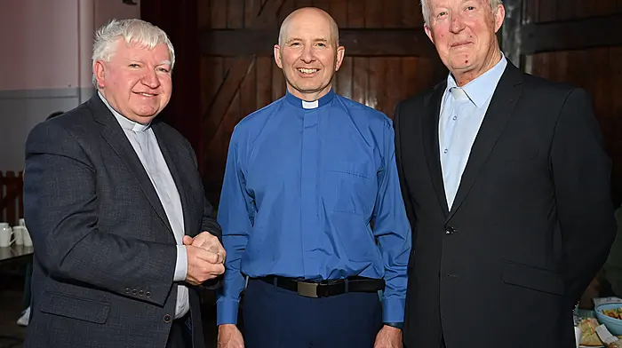 Reverend Kingsley Sutton (centre) recently celebrating the twenty-fifth anniversary of his ordination to the priesthood, with Fr Tom Hayes and Canon John Kingston at the reception in the parish hall, Clonakilty.  (Photo: Martin Walsh)