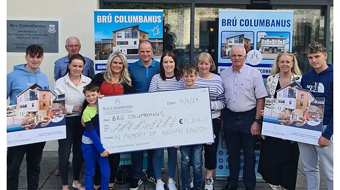 The extended Lawton family from Barryroe (and Kilkenny) with representatives of Brú Columbanus, Ray Doherty and Anne Maria O'Connor. The Lawton family arranged an Easter fundraiser in aid of Brú Columbanus and the West Cork Palliative Care unit at Bantry Hospital (Marymount Hospice) in memory of Killian Lawton, who died of cancer in July 2021, aged 24. Just over €24,000 was raised and €12,076.20 was donated to Brú Columbanus.