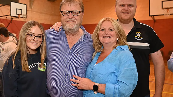 Bandon/Kinsale area candidate John Collins with his wife Diane and children Ava and Cian following his election late on Saturday night/Sunday morning at the count centre in Clonakilty.  (Photo: Martin Walsh)