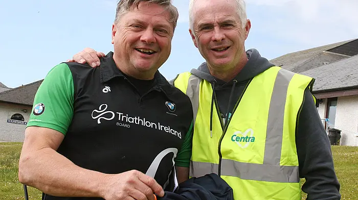 Ian Haseldine, race director with Jeremy Brosnan of Brosnan’s Centra, title sponsors of the Centra Fastnet Triathlon, at the event last weekend.