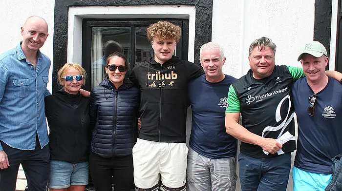 At the Centra Fastnet Triathlon last weekend were (from left): Colm Tubridy (Centra territory manager Musgraves), Anne Brosnan, Deirdre Casey (first female home) and Conor Mullany (first male home) with Jeremy Brosnan, Ian Haseldine (race director) and Sean Doyle (sales manager, Happy Pear, Musgraves).