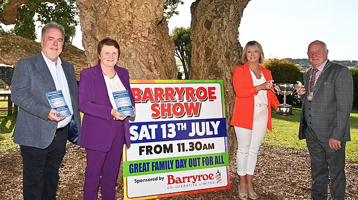 At the launch of the 66th annual Barryroe Show at the Courtmacsherry Hotel were (from left): John O’Brien (chairperson, Barryroe Show), Alice Doyle (vice-chairperson IFA), Eileen Collins (secretary, Barryroe Show) and outgoing Cllr John Healy deputising for the then county mayor Frank O’Flynn.  (Photo: Martin Walsh)