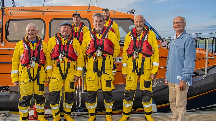 On their last crew training exercise before retiring from active service, Courtmacsherry Lifeboat mechanic Pat Lawton is leaving after forty years of duty and retiring Coxswain Seán O’Farrell is retiring after thirty-five years of service. From left: Pat Lawton, Cox Mark Gannon, Dara Gannon, Seán O’Farrell, Sean Maxwell, Chris Guy and station operation manager, Brian O’Dwyer.     (Photo: Gearoid Holland)