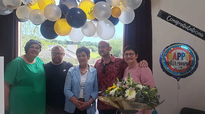 Members of staff and management from Muintir Bháire Pre-School in Durrus at the enjoyable party held at Philips’ Green last Sunday to mark the retirement of  Jacinta Sullivan from the pre-school. From left: Katie Ward, Robbie Stout, Jacinta Sullivan, Jools Rixon and Josephine O'Donovan.