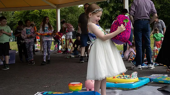Sophia Rice finding a new furry friend at a special toy swap event in Carrigaline Park at the launch of Ireland’s first digital Toy Library. The initiative aims to revolutionise the way families and children access toys in communities across Ireland and offers a free way for families to refresh toy collections without spending money and to reduce waste by giving unwanted toys a new lease of life.  (Photo: Clare Keogh)