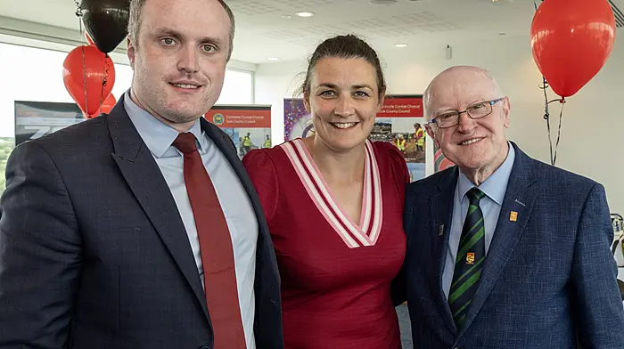 County mayor Joe Carroll joined the Cork City Sports committee to host the launch of the 70th Cork City Sports international athletics meet 2024. One of the premier events on Ireland’s athletics calendar, Cork City Sports will take place at Munster Technological University Stadium, Bishopstown on Tuesday July 9th. From left:  Cllr Gearóid Murphy, Cllr Gobnait Moynihan and Tony O'Connell, chairman Cork City Sports.  (Photo: Brian Lougheed)