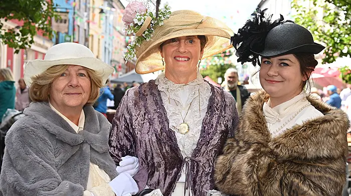 All dressed up for the Old Time Fair in Clonakilty were locals (left to right): Eileen Blackwell, Cait O’Sullivan and Eva Blackwell.  Photo: Martin Walsh.