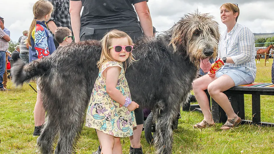 FARMING: Dunmanway,, Cork, Ireland. 07th July, 2024. Katie Stafford (2) from Rosscarbery with Okie the Irish Wolfhound at the annual agricultural show that was held in Dunmanway, Co. Cork. - Picture David Creedon