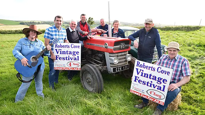Gertie O'Leary Collins: Secretary; Diarmuid Reid: Chairperson; Jim Griffin: Vice Chairperson; Dan Good: Vintage Tractor Driver; Bernard O'Keeffe: Vintage Car Driver; Bridget Twomey: Assistant Secretay; Paudie Hayes: Treasurer & Sean Coleman: Safety Officer, at the Roberts Cove Vintage Festival Launch, 1st July 2024. Photo Siobhán Russell
