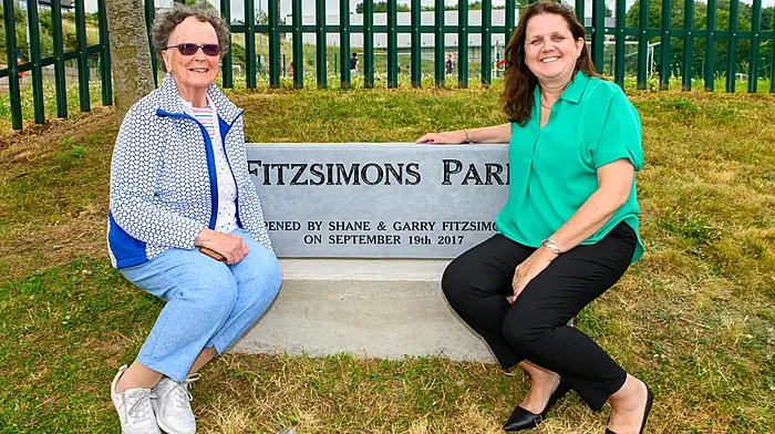 Anne Fitzsimons, wife of Garry and Deirdre Fitzsimons, wife of Shane at the unveiling of a stone to mark the official opening of Fitzsimons Park at Kinsale Community SchoolPicture. John Allen