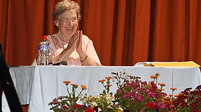 Eileen Kingston, a very happy M.C. at the South of Ireland Band Championships in the Clonakilty Community Hall.  Photo: Martin Walsh.