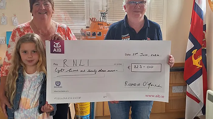 Rosarie O'Neill raised  €823 for Castletownbere RNLI Lifeboat at the Dursey Island Festival in June. Rosarie offered complimentary teas, coffees and home baking at her home on Dursey Island with donations in lieu of the Castletownbere RNLI Lifeboat. The photo shows Rosarie and her granddaughter Chloe making a presentation to RNLI Fundraising Secretary Anne Finch.