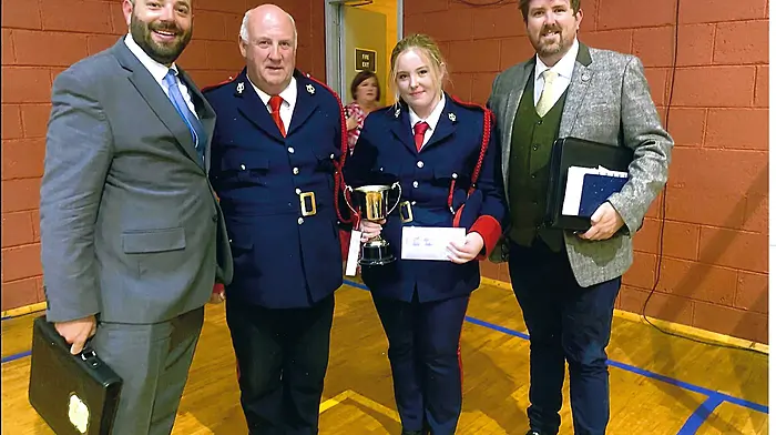 Pat O’Driscoll, bandmaster of St Fachtna’s Silver Band, and his daughter Aime O’Driscoll, on xylophone, with adjudicators, Dr Tom Davoren and Dr Brett Keating. The band were awarded 2nd place in the junior category and Amie was awarded the Jack O’Mahony Cup, best musicianship award, for her xylophone solo.