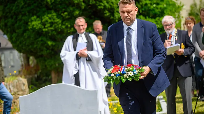 M. Josselin Le Gall, Honorary French Consul in Cork, lays a wreath at the grave of forgotten war hero John Sullivan, from Bantry, who fought in the Crimean War and was awarded the Victoria Cross and Order of the Legion of Honour, as his final resting place was marked on Saturday July 6th in Nohoval Graveyard after 140 years.Picture. John Allen