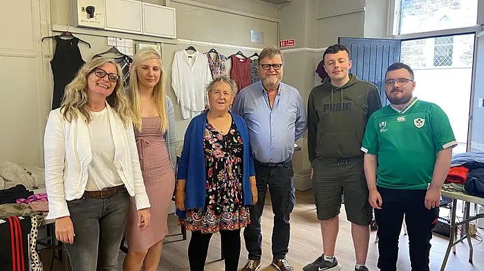 Mary Grover, Tess Dean, Kate French, Cllr John Collins, Ross Lovell and Colm Lynch participate in last weekend's clothes swap for KYCC