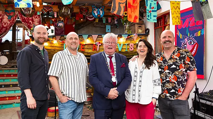 Barry O'Kane, Ray Giffen, The Duncairn; county mayor Cllr Joe Carroll, Caroline O’Donnell and Joe O’Leary, Levis’ Corner House at the launch of the Belfast X Ballydehob Takeover in Levis’ Outback venue in Ballydehob as part of Creative Ireland’s Creative Communities on a Shared Island initiative. (Photo: Alison Miles)