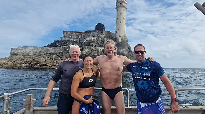 A new record time of 5 hours, 16 minutes and 45 seconds was set on Sunday for the Fastnet Swim. Milko van Gool from the Netherlands beat the previous record set by American Andrew Packer.  From left: Skipper Kieran Collins with observer Brianna Jackson, Milko van Gool  and crew Paul de Ward.