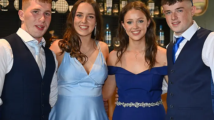 At the Clonakilty Community College Graduation ceremony were (left to right): Daniel O’Meara, Ahiohill, Eimear Daly and Elaine Healy, first cousins from Ballinhassig and Gary Lordan, Ahiohill.  Photo: Martin Walsh.