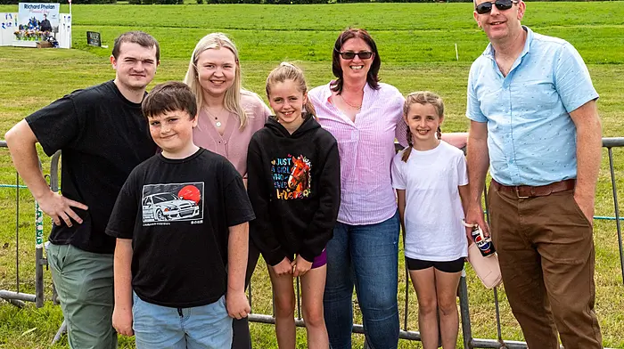 The Richard Phelan memorial day harness racing event recently took place in Lyre. Enjoying the day out were Robert and Shane Long with Sarah, Sacha, Fionnuala, Leah  and Kieran Cooke, all from Dunmanway. (Photo: Andy Gibson)