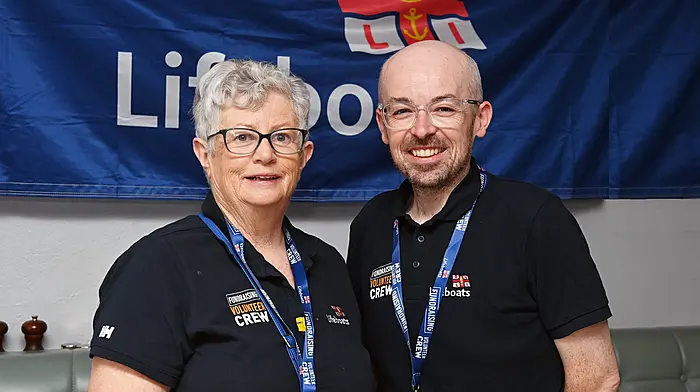 Courtmacsherry RNLI fundrasing committee members Mary Deasy and Paul Finn (chairperson) at the coffee morning at the Lifeboat Inn, Courtmacsherry.  (Photo: Martin Walsh)