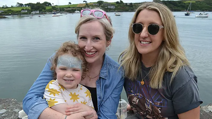 Linda Collins and Ayla Bignell from Castletownshend with Tracy Lynch from Laois at the Cork county coastal rowing finals in Castletownshend. (Photo: Anne Minihane)