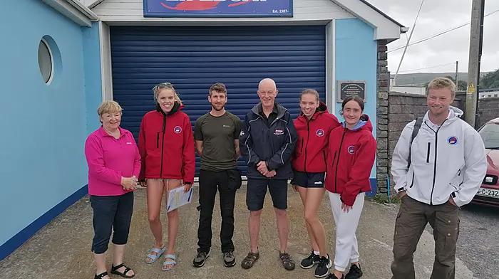 On the completion of yet another very successful week of water safety classes on Bantry strand were (from left) Noelle O’Leary (local coordinator Water Safely Ireland), Ellen O’Flynn  (head instructor, WSI), Daniel O’Leary and Toby Campbell (Bisra), Ciara Galvin and Larissa Farr (WSI instructors) and Ciaran Seawright (examiner, WSI)