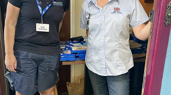 Pamela Deasy (lifeboat press officer) with Mary Jacinta Casey (volunteer) at a coffee morning held recently at Casey's Bar in Glandore and which was organised by Mary Jacinta and her brothers Lawrence and Patrick. The sum of €4,225 was raised on the day for the RNLI.