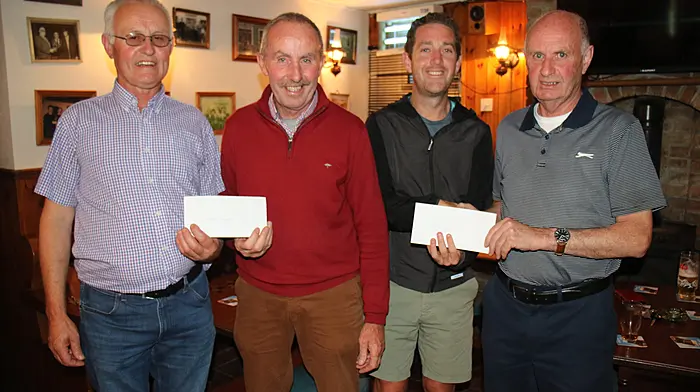 Lyre Rovers recently made cheque presentations to Cancer Connect and Knockskeagh National School.  At the event were (from left) Mervyn Coombes, Sean O'Donovan, (Cancer Connect), Adrian McCarthy (vice principal, Knockskeagh NS) and Michael Hegarty (Lyre Rovers FC).