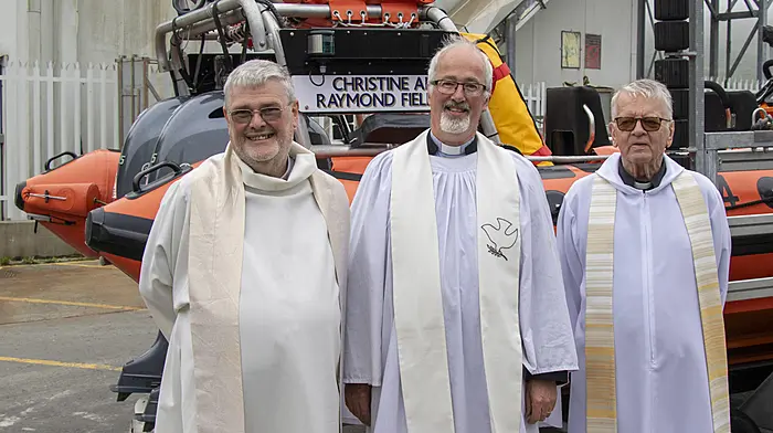 The RNLI station on Keelbeg Pier celebrated its 10th anniversary last weekend and to bless the station, the RNLI boat and all the other boats at the pier, a service was held where Fr Bernard Cotter, Fr Terry O’Donovan and Dean Cliff Jeffers carried out the proceedings with a large crowd of followers and well-wishers in attendance.  (Photo: Andrew Harris)