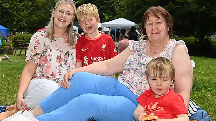 Michelle Lynch from Ardfield with her children Stevie and Oisin and her mum Ann Freeney, from Mayo, enjoying a picnic in Kennedy Park, Clonakilty.  (Photo: Martin Walsh)