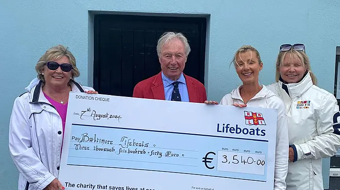 The Crookhaven Harbour Sailing Club announced that the annual ladies lunch, hosted at Nottage’s Restaurant in Crookhaven in July, was a resounding success which raised €3,450 from the raffle. The proceeds from the raffle have been donated to the Baltimore Lifeboats RNLI, which is a cause close to the hearts of many.  At the presentation were (from left) Anne Hegarty, Declan Tiernan (chairman, RNLI Baltimore), Susan Nathan and Amy Murray.