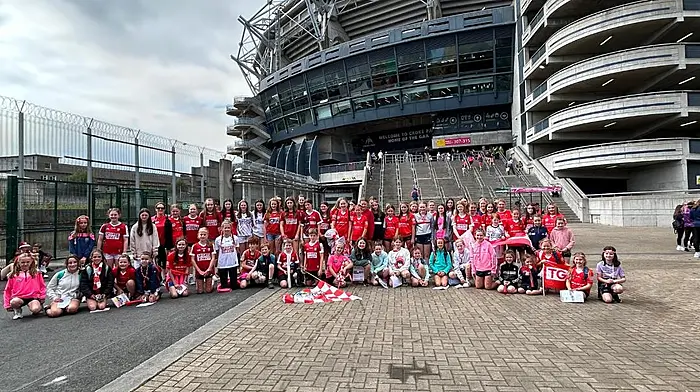 Some of the girls from Bandon camogie club who travelled by coach to Dublin for the All-Ireland camogie finals at Croke Park last Sunday where Cork was successful in both the intermediate and senior finals.