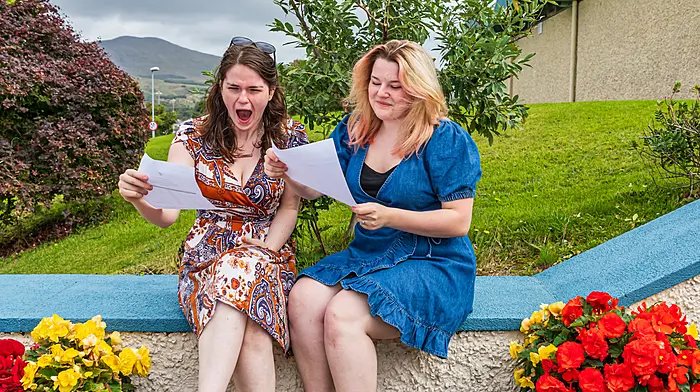 Chloe O’Connor and Maja Krzyskow celebrating their Leaving Cert results. (Photo: Anne Marie Cronin)