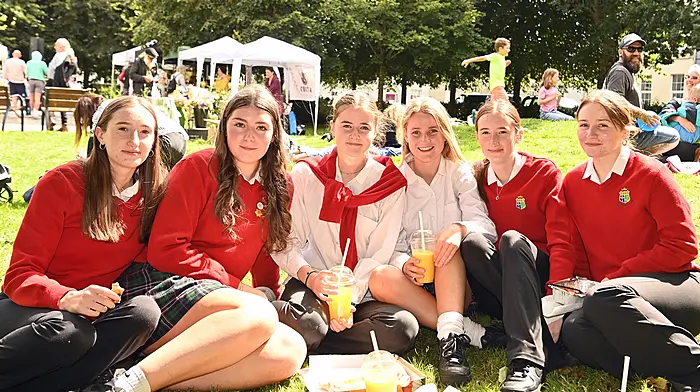 Students from the Sacred Heart Secondary School in Clonakilty taking a break in the park. From left: Aine O’Callaghan, Niamh Hilliard, Mae O’Driscoll, Rachel Twomey, Aisling O’Callaghan and Ellen Meade.  (Photo: Martin Walsh)