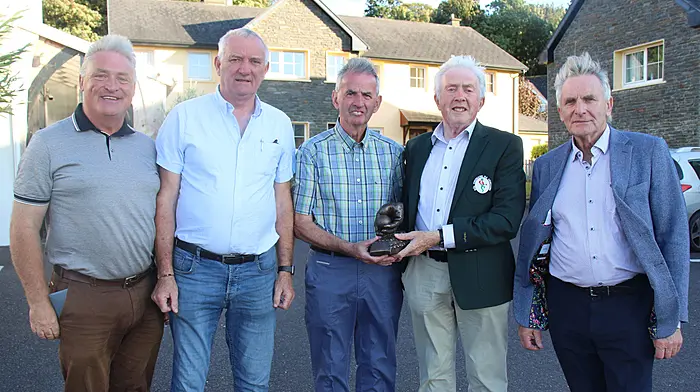 The junior C, novice one and novice two, All-Ireland finals organised by the London Region of Bol Chumann took place in Courtmacsherry last weekend.  A special presentation was made to John Fleming in appreciation of his sponsorship of the event. From left: Brian Sexton (public relations officer), Micháel O'Ceallachain (secretary), John Fleming, Willie Murphy (chairperson) and James O'Driscoll (treasurer).
