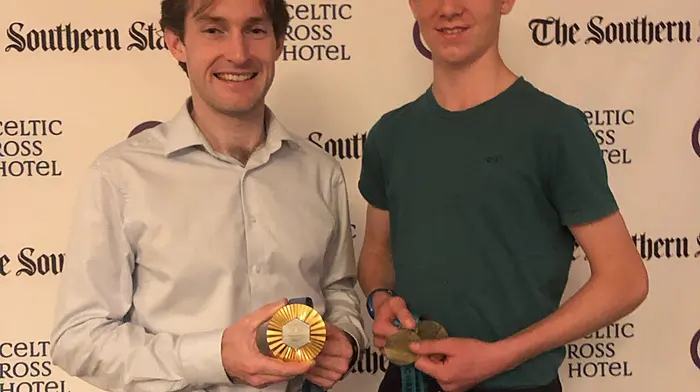 Thirteen-year-old Lori Lewis from the Galley Flash Rowing Club, with his two All-Ireland rowing gold medals, meeting his hero Paul O’Donovan at the Celtic Ross Sports Star awards night.