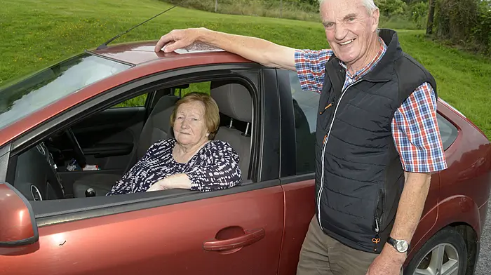 At the recent Cancer Connect event in Dunmanway was cancer survivor Phyllis McCarthy and her volunteer driver  John Deane. (Photo: Denis Boyle)