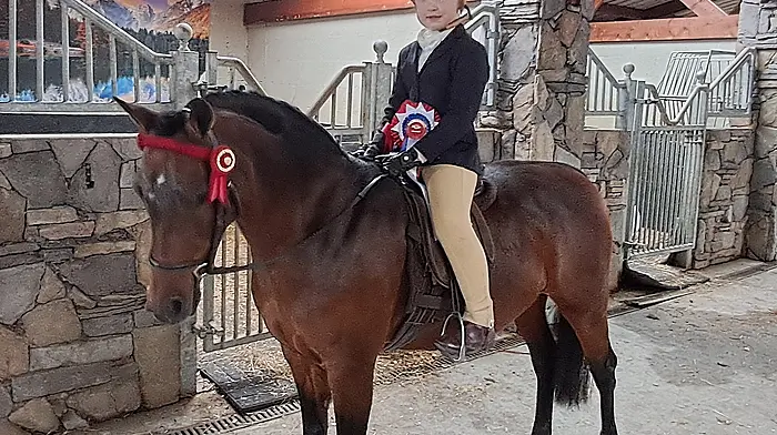 Six year old Rebecca Fleming from Butlerstown and her pony “Whitesleaze Secret Temptation” won the Champion Mini Pony title at the recent National Irish Pony Society Championships in Hollypark, Limerick.