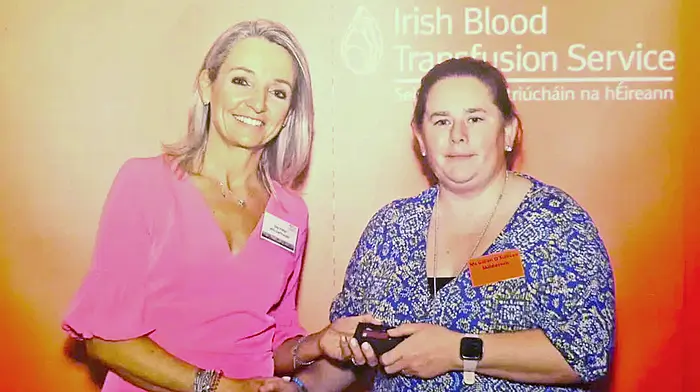 Gillian O'Sullivan from Skibbereen (right) received a Gold Drop Award at the Irish Blood Transfusion Service awards ceremony at the Rochestown Park Hotel in Cork  last Friday. Gillian was among 160 from all over Munster who each gave 50 donations of blood. A further 40 people who had each made 100 donations received their Pelican Award.