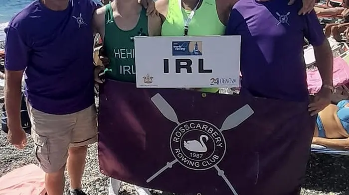 Jack Hehir represented Rosscarbery Rowing Club at the European rowing coastal and beach sprints last weekend in Genoa, Italy. Also included in the photo is Jack’s father Martin and Rosscarbery Rowing Club members Chris Hayes and Michael Walsh.
